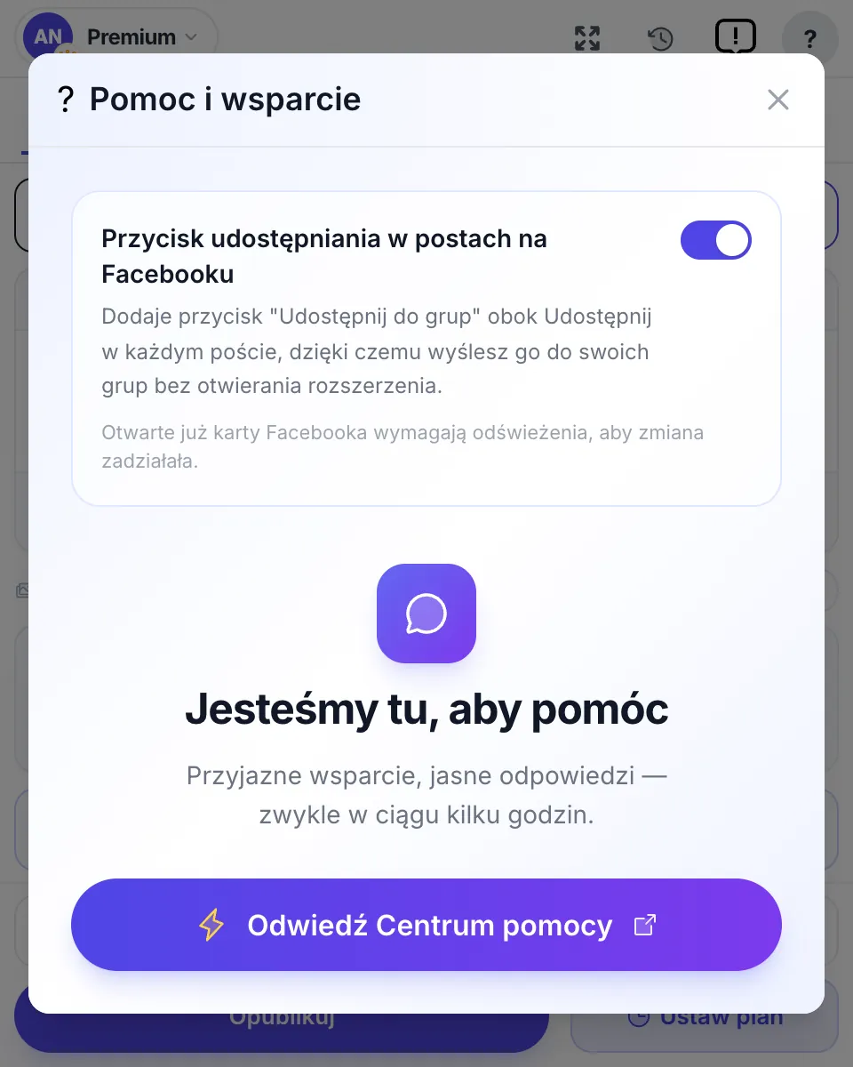 Pomoc i wsparcie: przełącznik przycisku Udostępnij do grup w postach na Facebooku