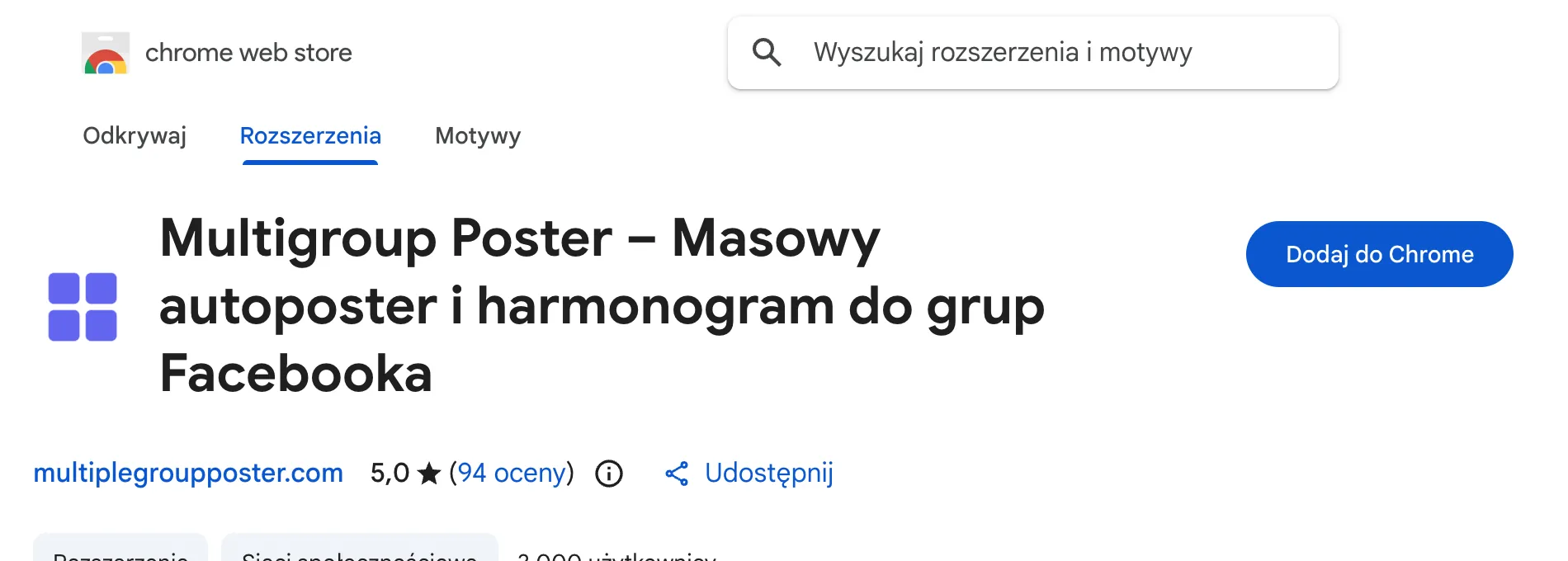 Strona MultiGroupPoster w Chrome Web Store z przyciskiem Dodaj do Chrome