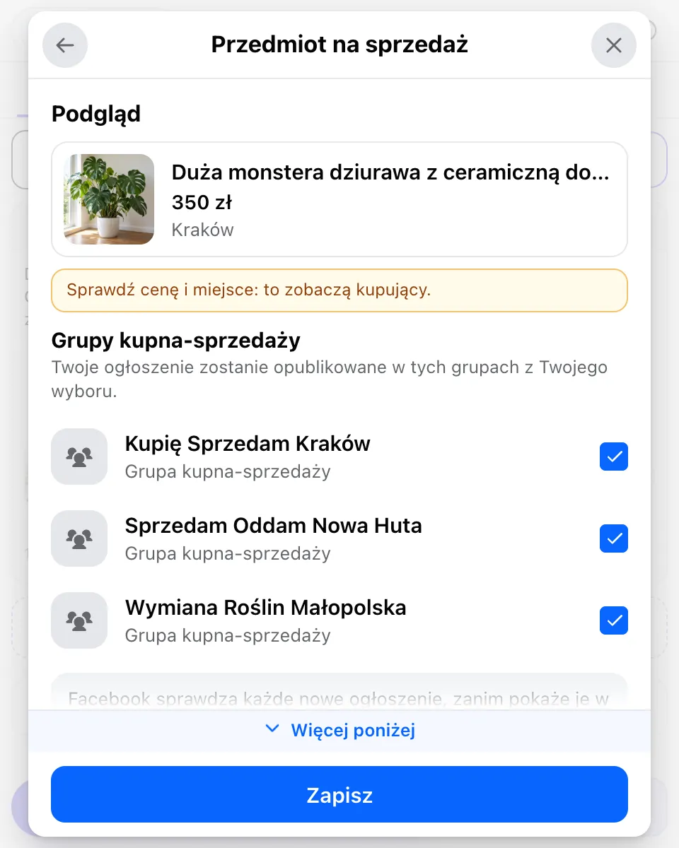 Podgląd ogłoszenia w MultiGroupPoster, 350 zł w Krakowie, nad trzema zaznaczonymi grupami kupna-sprzedaży: Kupię Sprzedam Kraków, Sprzedam Oddam Nowa Huta i Wymiana Roślin Małopolska