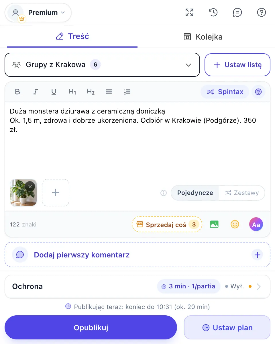 Edytor MultiGroupPoster z postem o dużej monsterze dziurawej za 350 zł, jednym zdjęciem, listą Grupy z Krakowa i przyciskiem Sprzedaj coś z liczbą 3 grup kupna i sprzedaży
