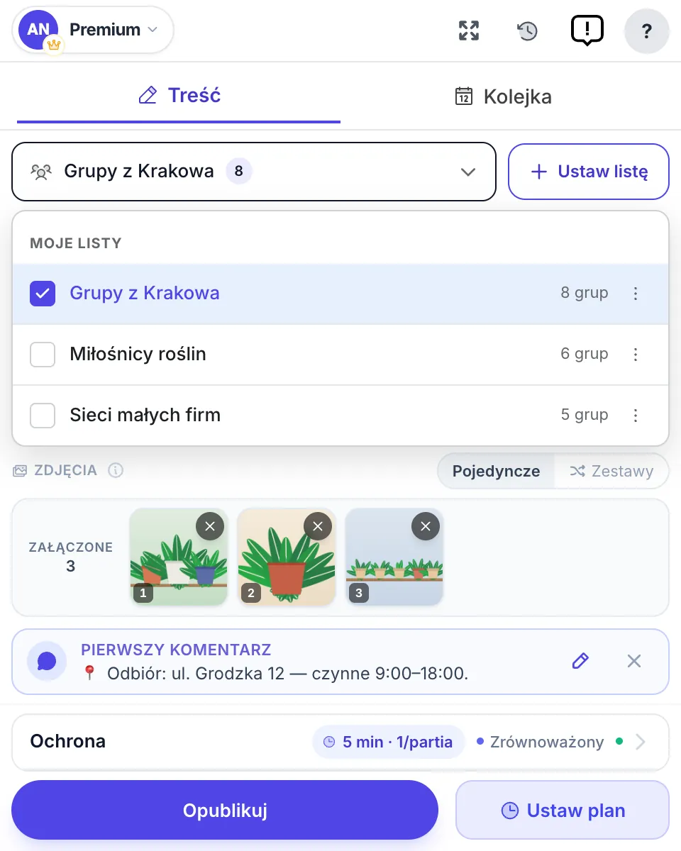 Otwarty wybór grup z trzema zapisanymi listami i liczbą grup w każdej z nich
