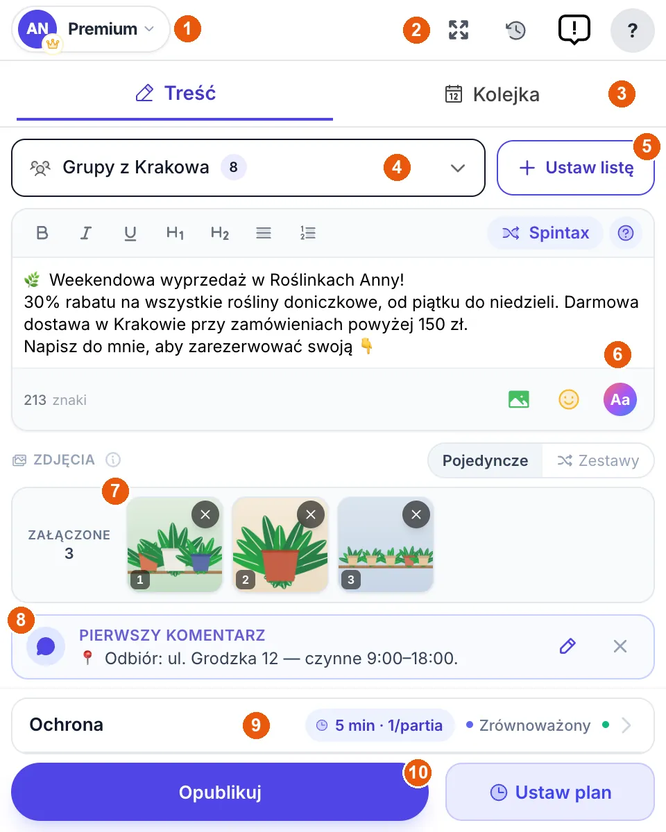 Główny ekran MultiGroupPoster z numerami przy każdym obszarze
