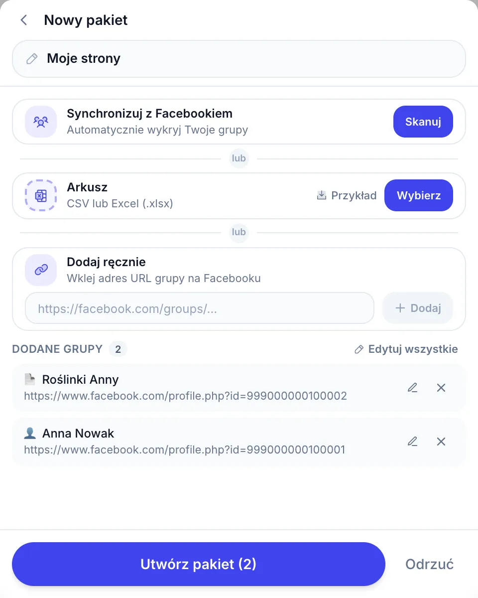 Nowa lista z Twoją stroną na Facebooku (📄) i Twoim profilem (👤) dodanymi przez link