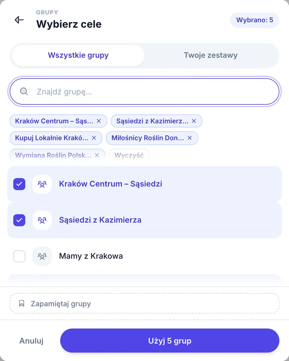 Wybór pojedynczych grup: wyszukiwarka, zaznaczone grupy i przycisk Użyj grup