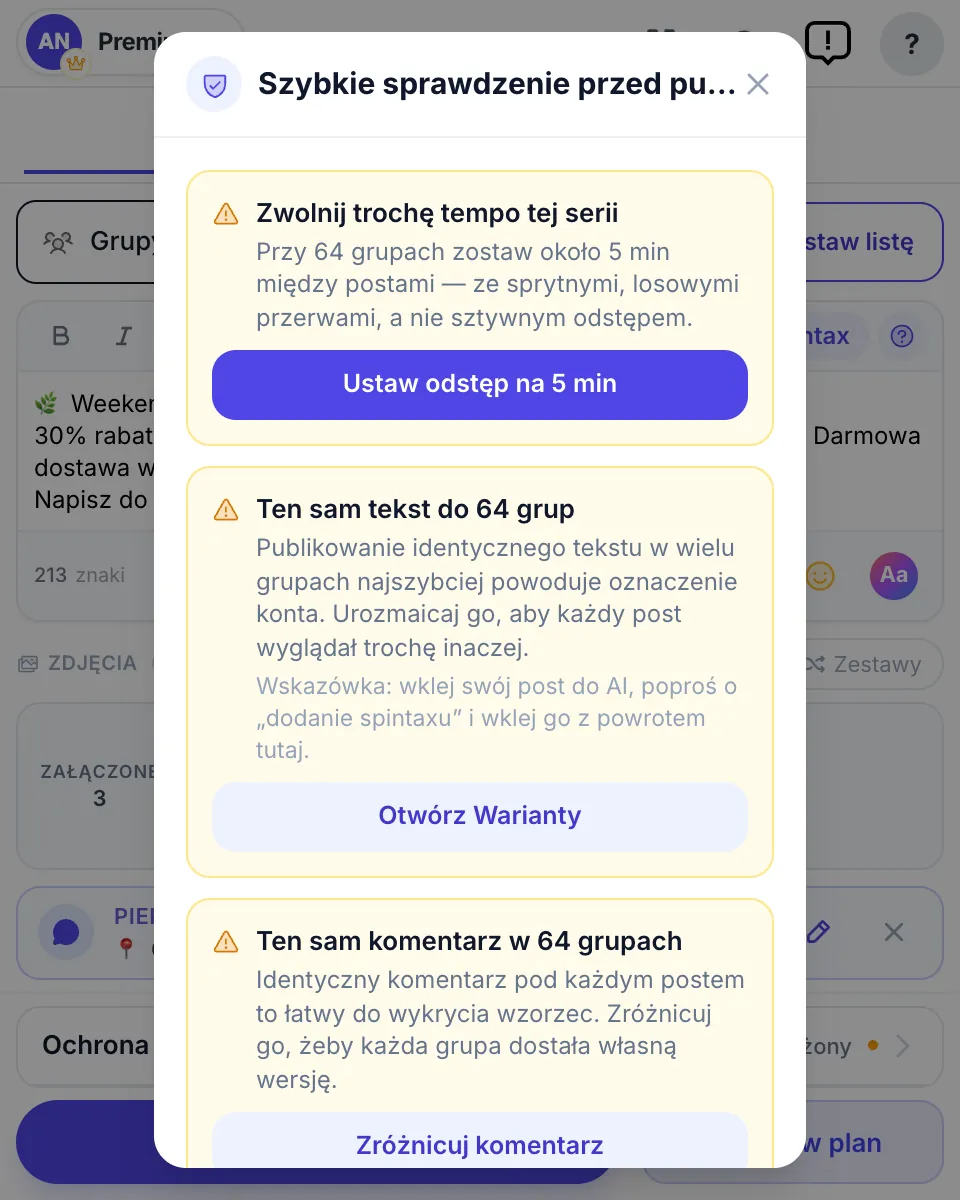 Szybkie sprawdzenie przed publikacją: tempo, ten sam tekst i ten sam komentarz — każde z poprawką