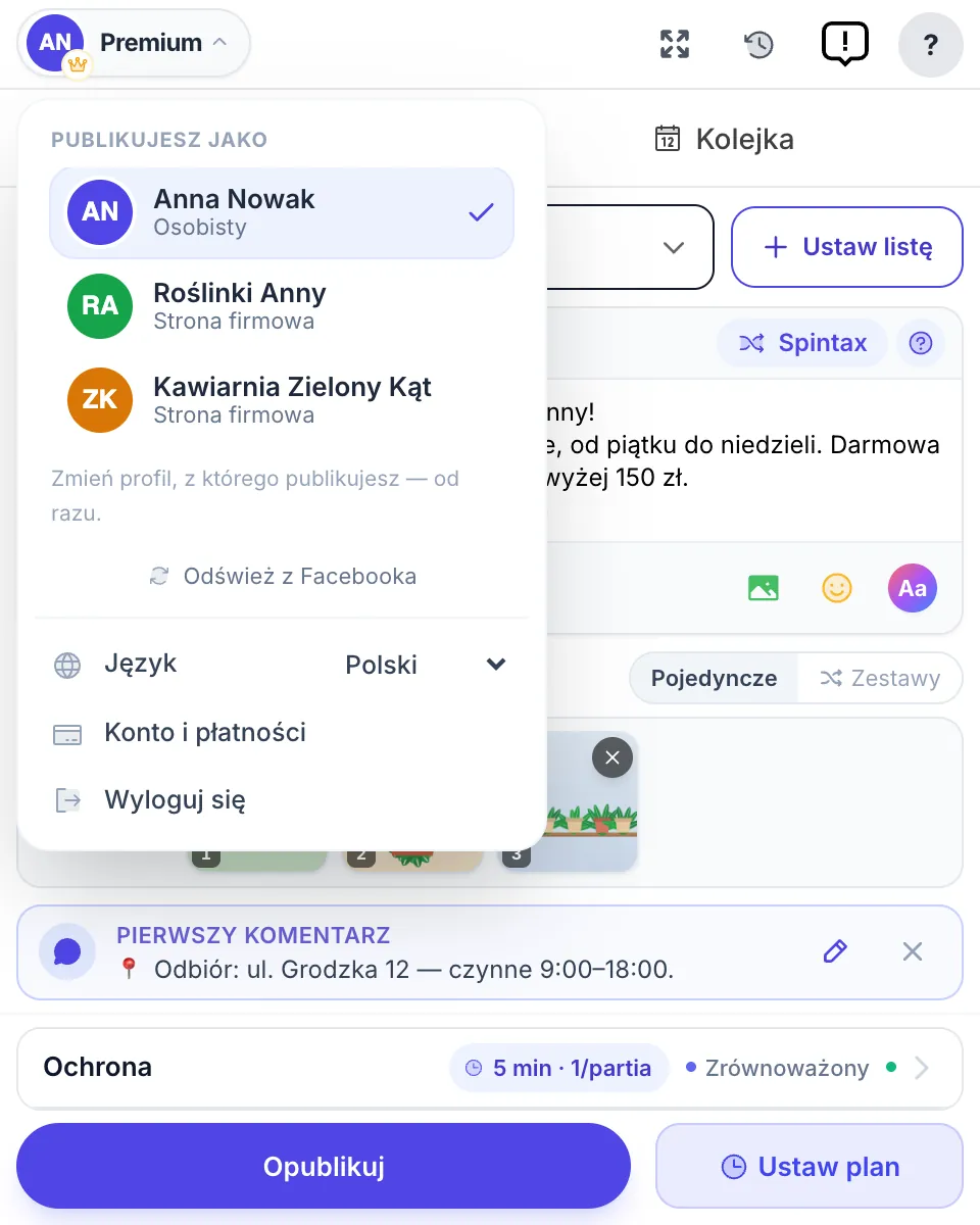 Menu konta: publikowanie z profilu osobistego lub jako jedna z Twoich stron na Facebooku