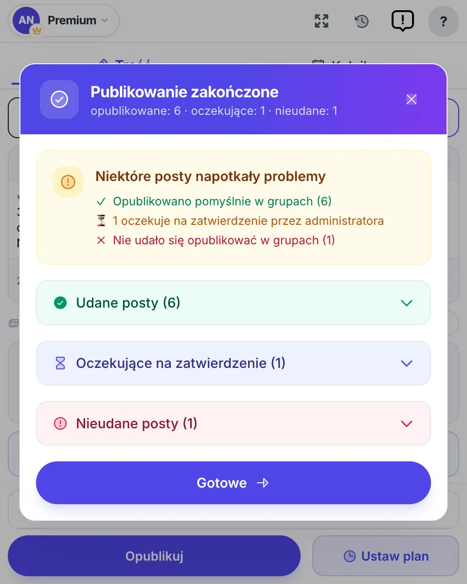 Publikowanie zakończone: 6 udanych, 1 oczekujący na zatwierdzenie, 1 nieudany