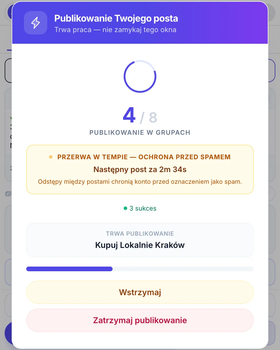 Kampania w toku: 4 z 8 grup, grupa, w której trwa publikacja, i odliczanie do następnego posta