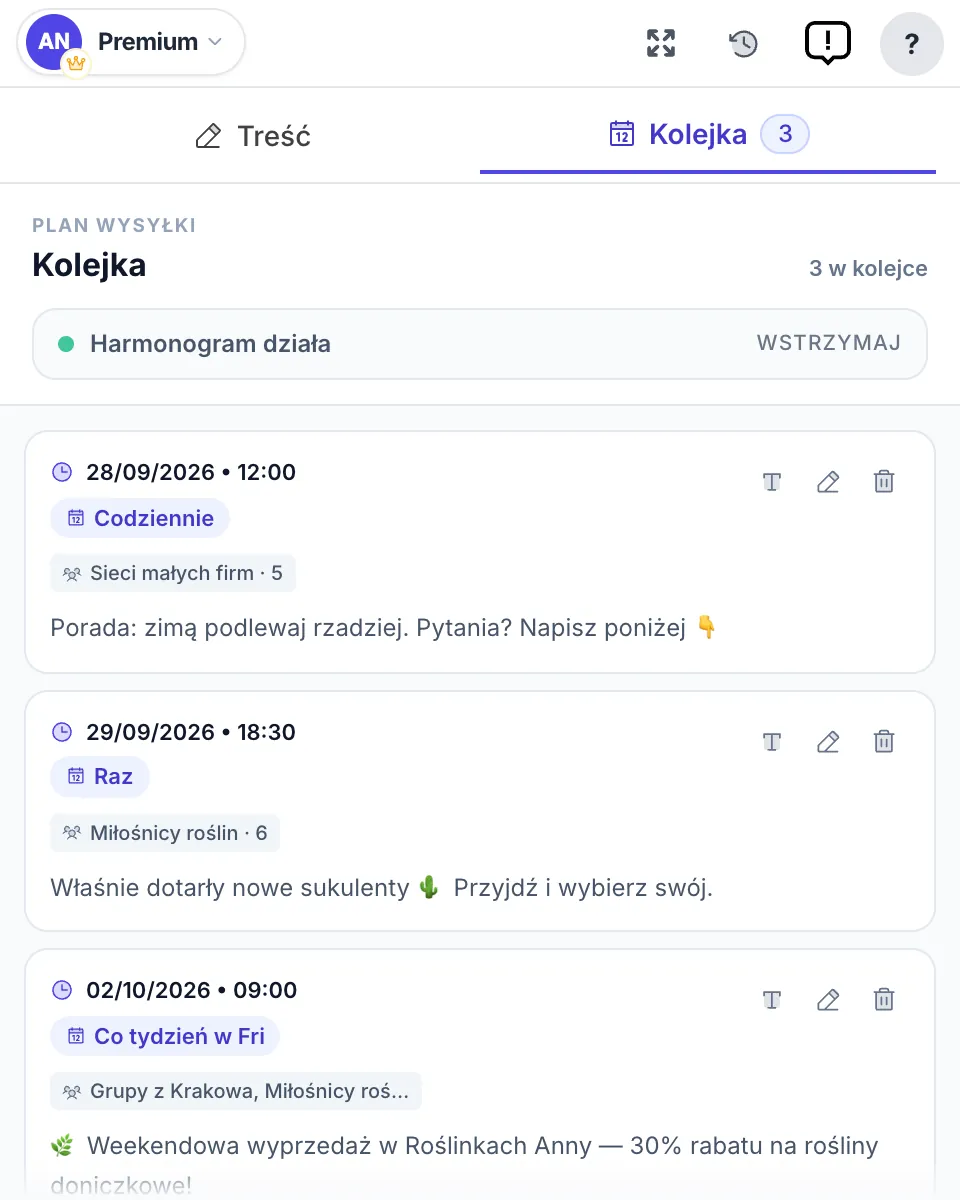 Karta Kolejka z trzema zaplanowanymi postami: codziennym, jednorazowym i cotygodniowym