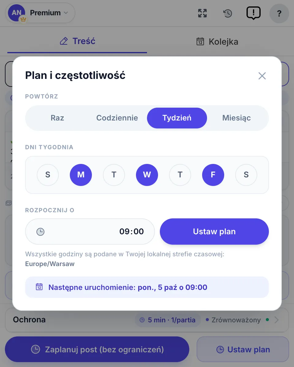 Plan i częstotliwość: plan tygodniowy na poniedziałek, środę i piątek o 9:00