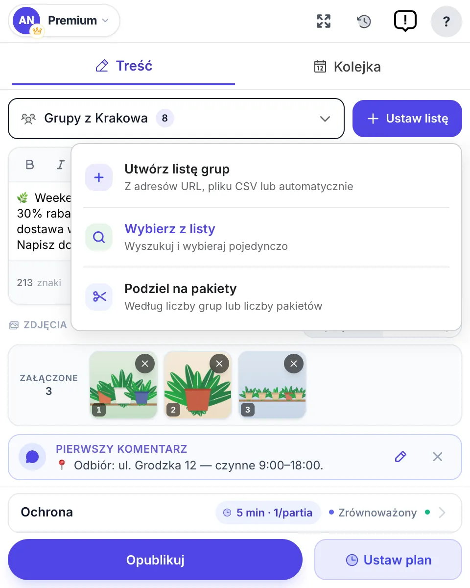Menu Ustaw listę: Utwórz listę grup, Wybierz z listy, Podziel na pakiety