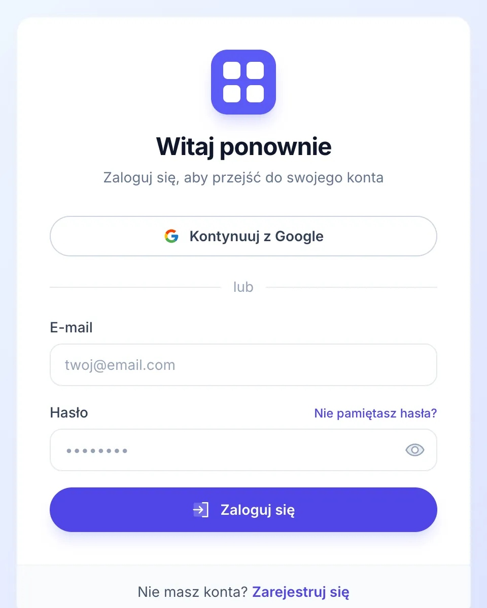 Ekran logowania MultiGroupPoster z przyciskiem Kontynuuj z Google