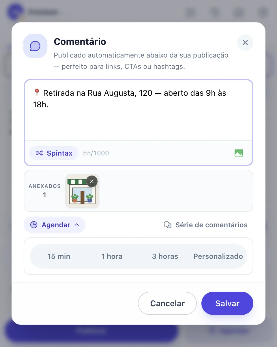 As configurações de comentário do MultiGroupPoster com as opções de atraso