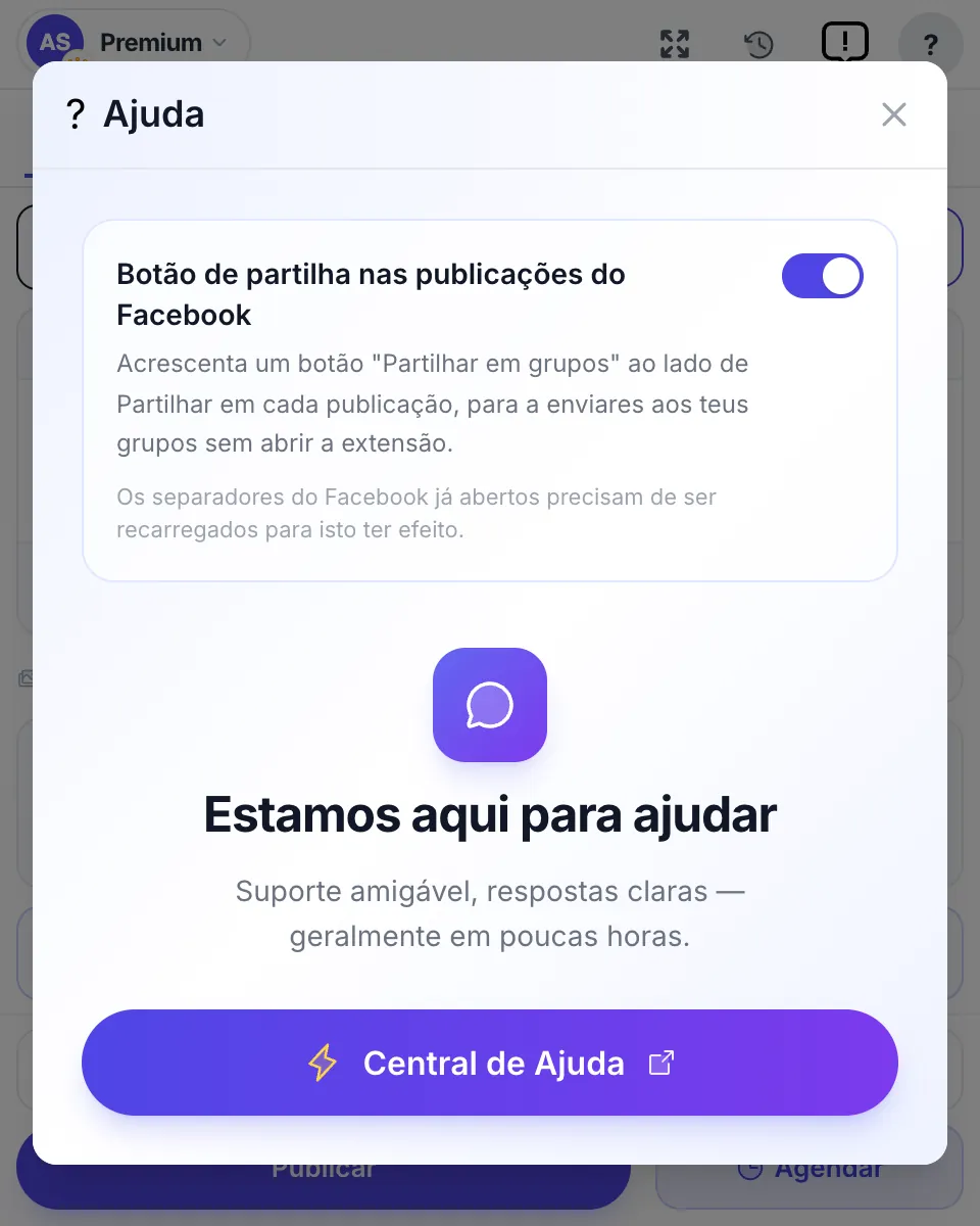 Ajuda: o interruptor do botão Compartilhar em grupos nas publicações do Facebook