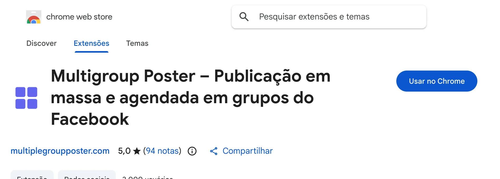 A página do MultiGroupPoster na Chrome Web Store, com o botão Usar no Chrome