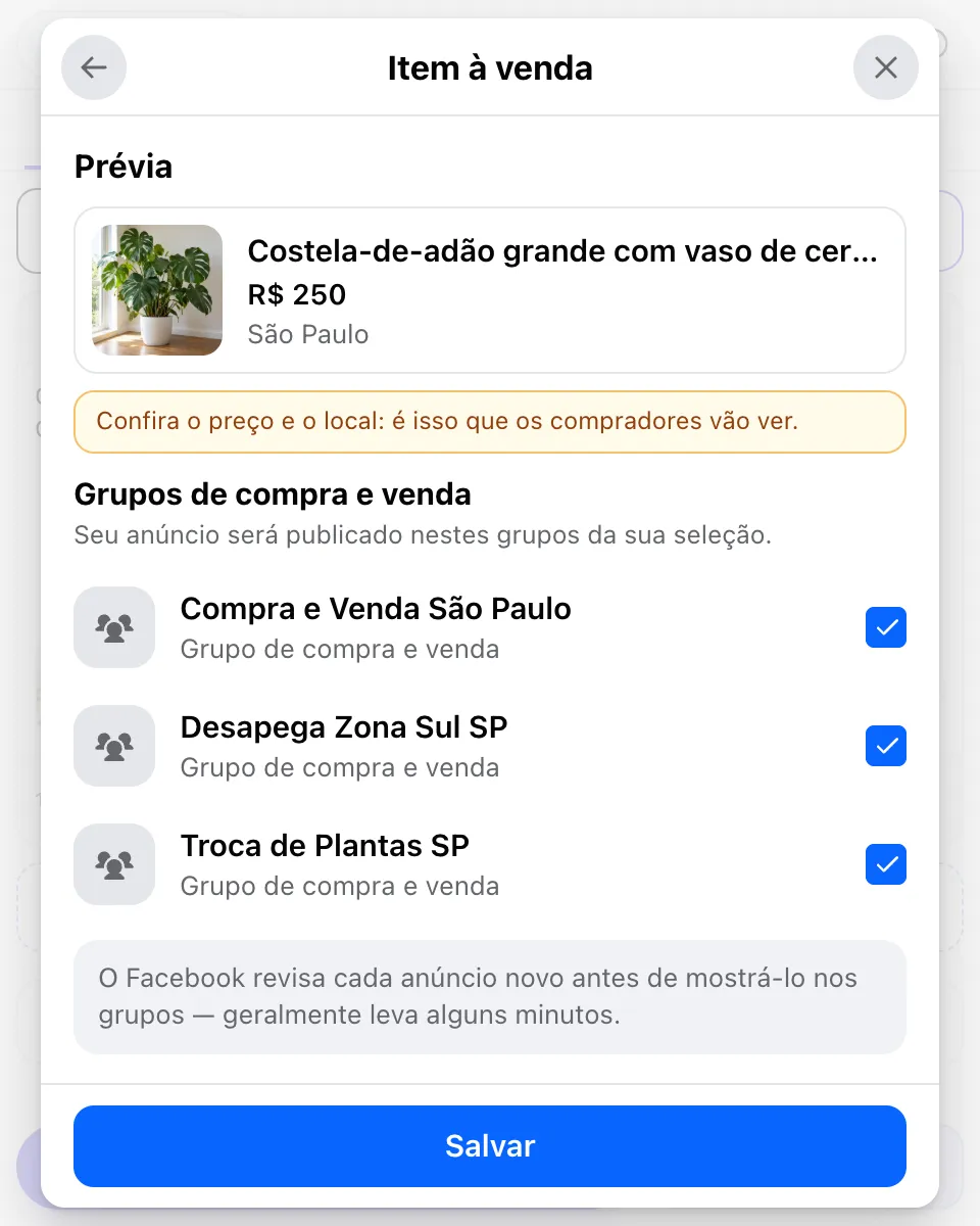 Prévia do anúncio no MultiGroupPoster, R$ 250 em São Paulo, acima de três grupos de compra e venda marcados: Compra e Venda São Paulo, Desapega Zona Sul SP e Troca de Plantas SP
