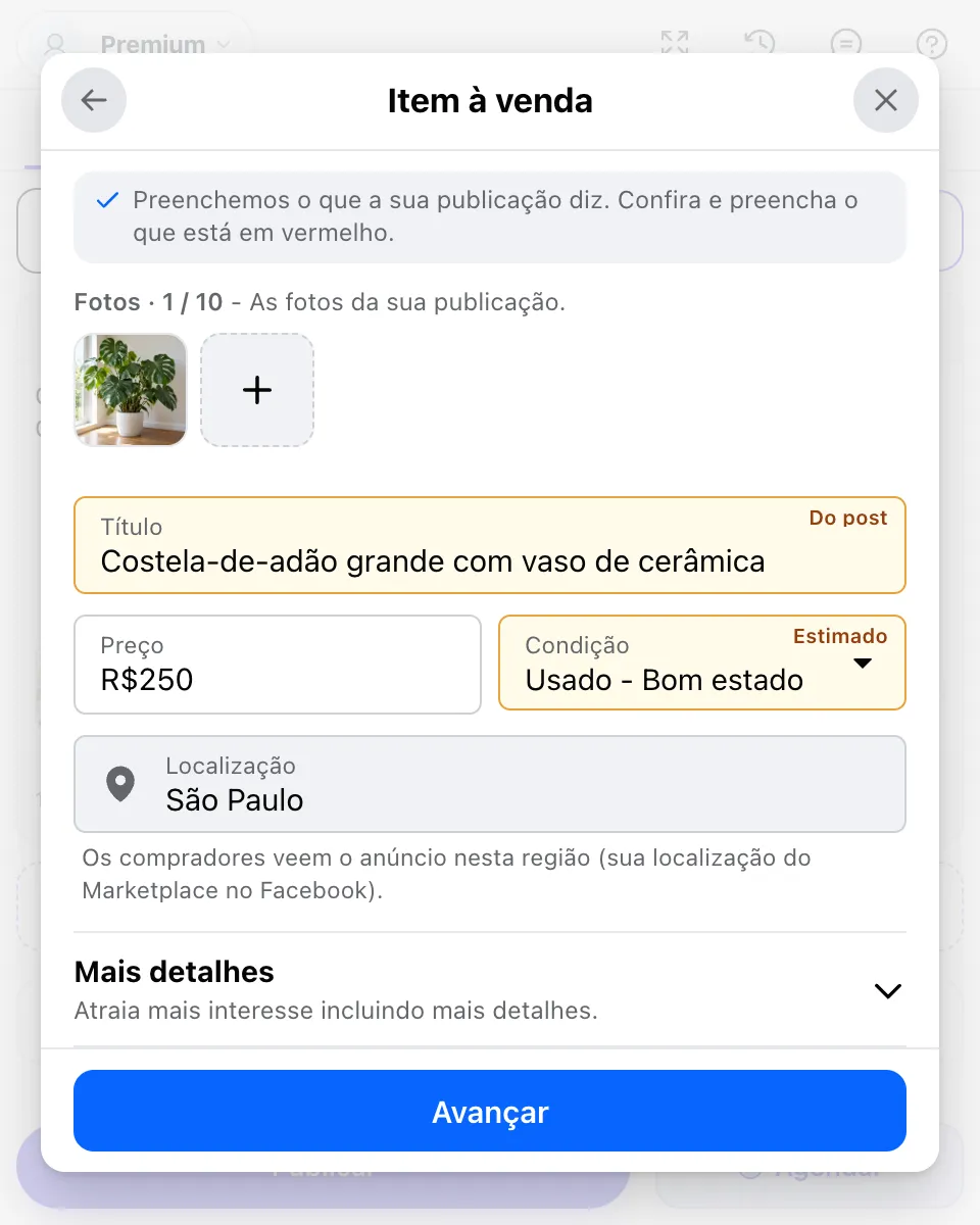 Formulário Item à venda do MultiGroupPoster: uma foto, título Costela-de-adão grande com vaso de cerâmica, preço R$250, condição Usado - Bom estado, localização São Paulo