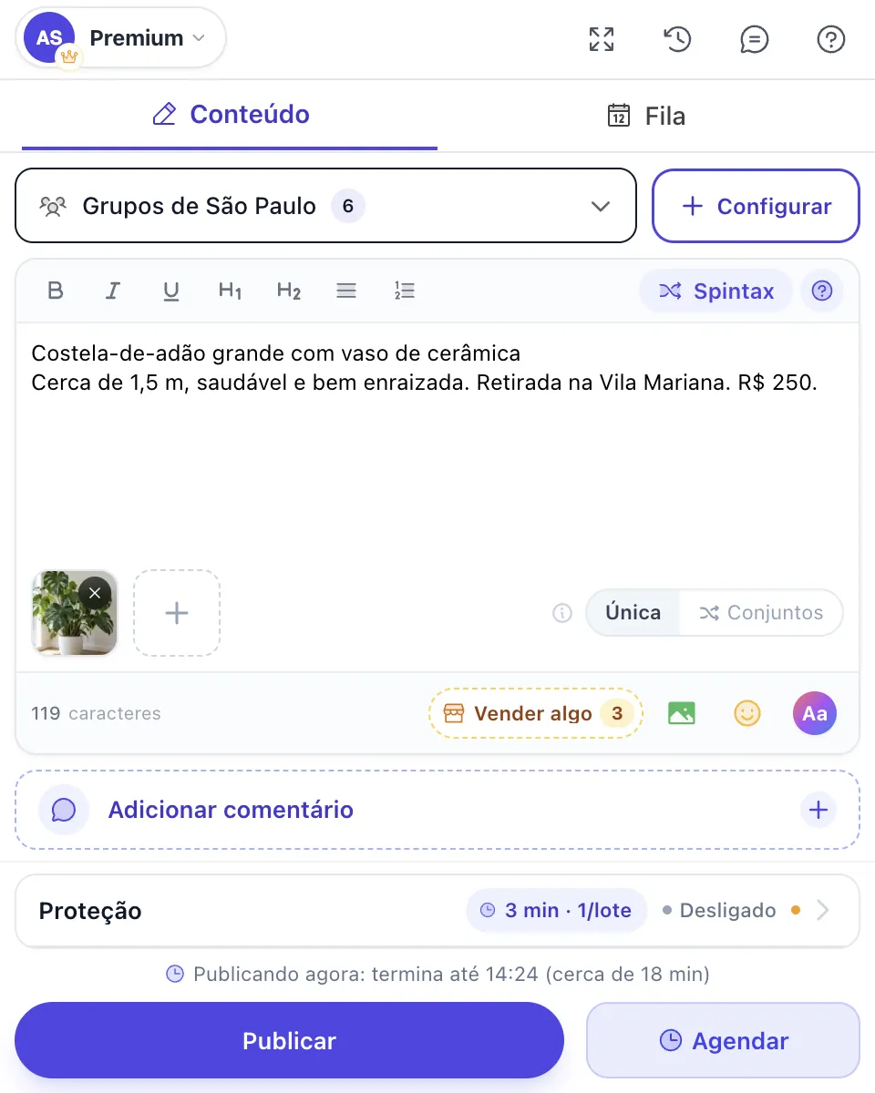 Editor do MultiGroupPoster com a lista Grupos de São Paulo, um post anunciando uma costela-de-adão grande com vaso de cerâmica por R$ 250 e o botão Vender algo mostrando 3 grupos de compra e venda na seleção