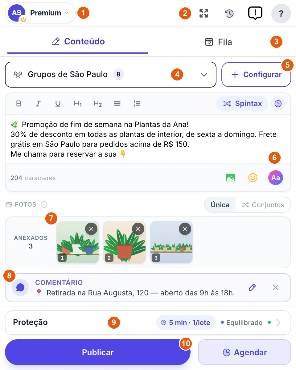 A tela principal do MultiGroupPoster com marcadores numerados em cada área
