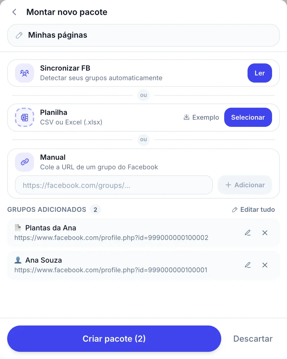 Uma lista nova com a sua Página do Facebook (📄) e o seu próprio perfil (👤) adicionados por link