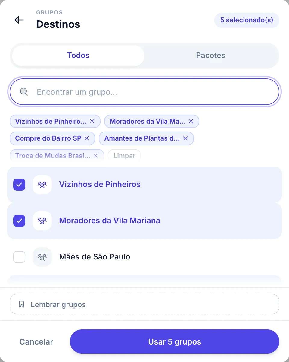 Escolhendo grupos avulsos: busca, grupos selecionados e o botão Usar grupos
