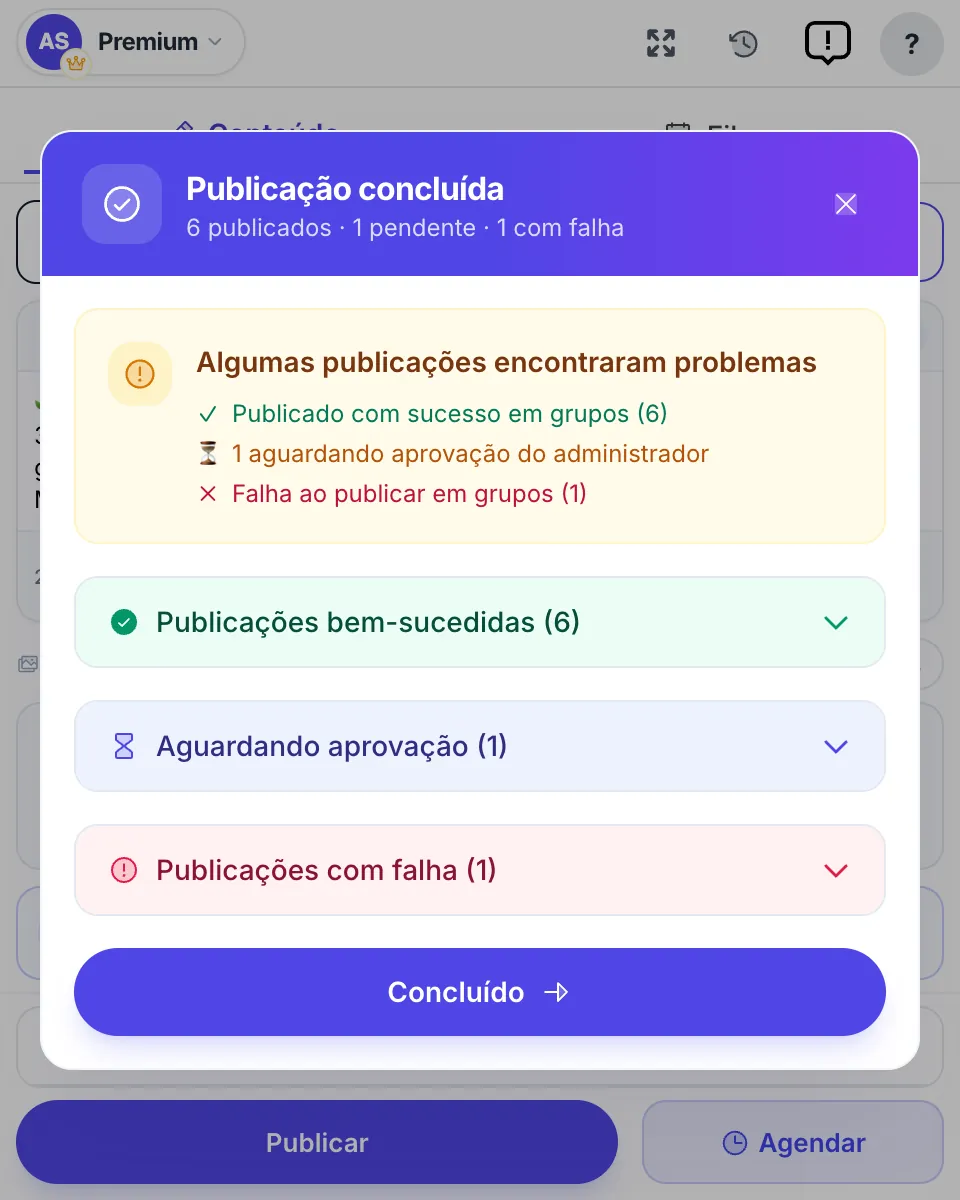 Publicação concluída: 6 com sucesso, 1 aguardando aprovação, 1 com falha