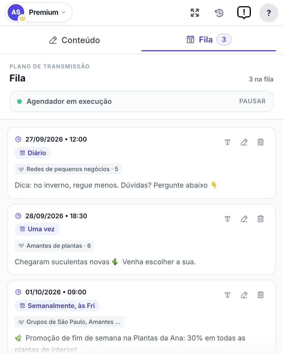 A aba Fila com três posts agendados: diário, uma vez e semanal