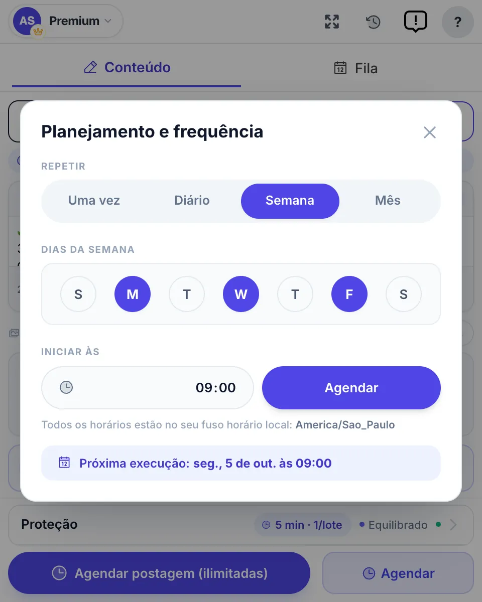 Planejamento e frequência: um agendamento semanal às segundas, quartas e sextas, às 9:00