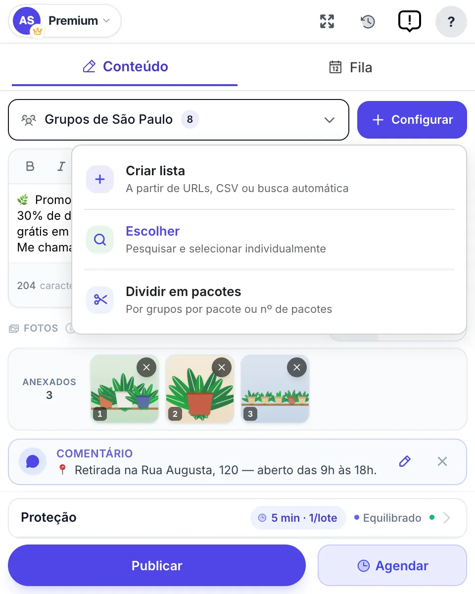 O menu Configurar: Criar lista, Escolher, Dividir em pacotes