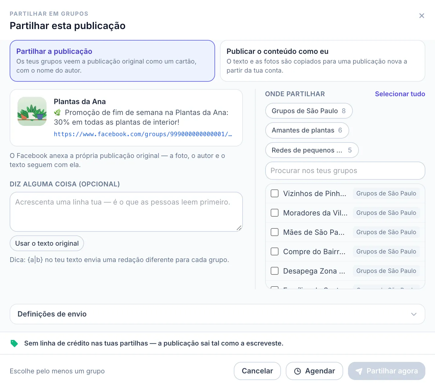 Janela Partilhar esta publicação do MultiGroupPoster: Partilhar a publicação ou Publicar o conteúdo como eu, e os grupos