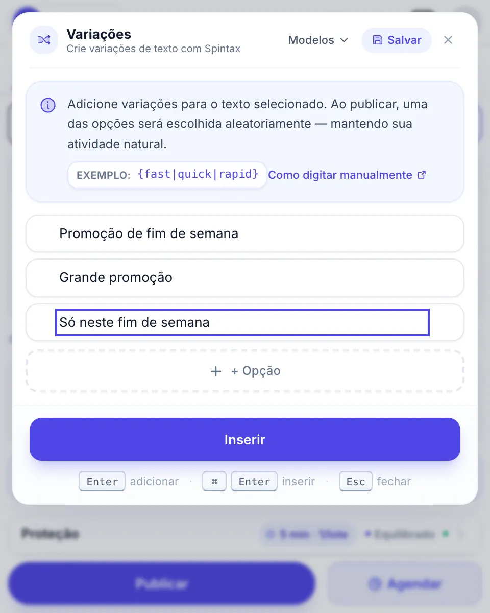 O painel Variações com três versões da mesma frase