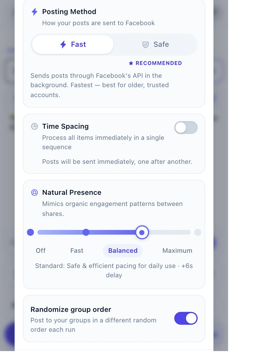 MultiGroupPoster Security & Stealth — Time Spacing between posting rounds plus a four-level Natural Presence slider that mimics organic Facebook activity to protect your account from bans