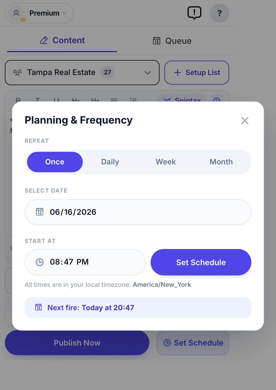 MultiGroupPoster Planning & Frequency scheduler set to auto-post to Facebook groups on a recurring weekly schedule