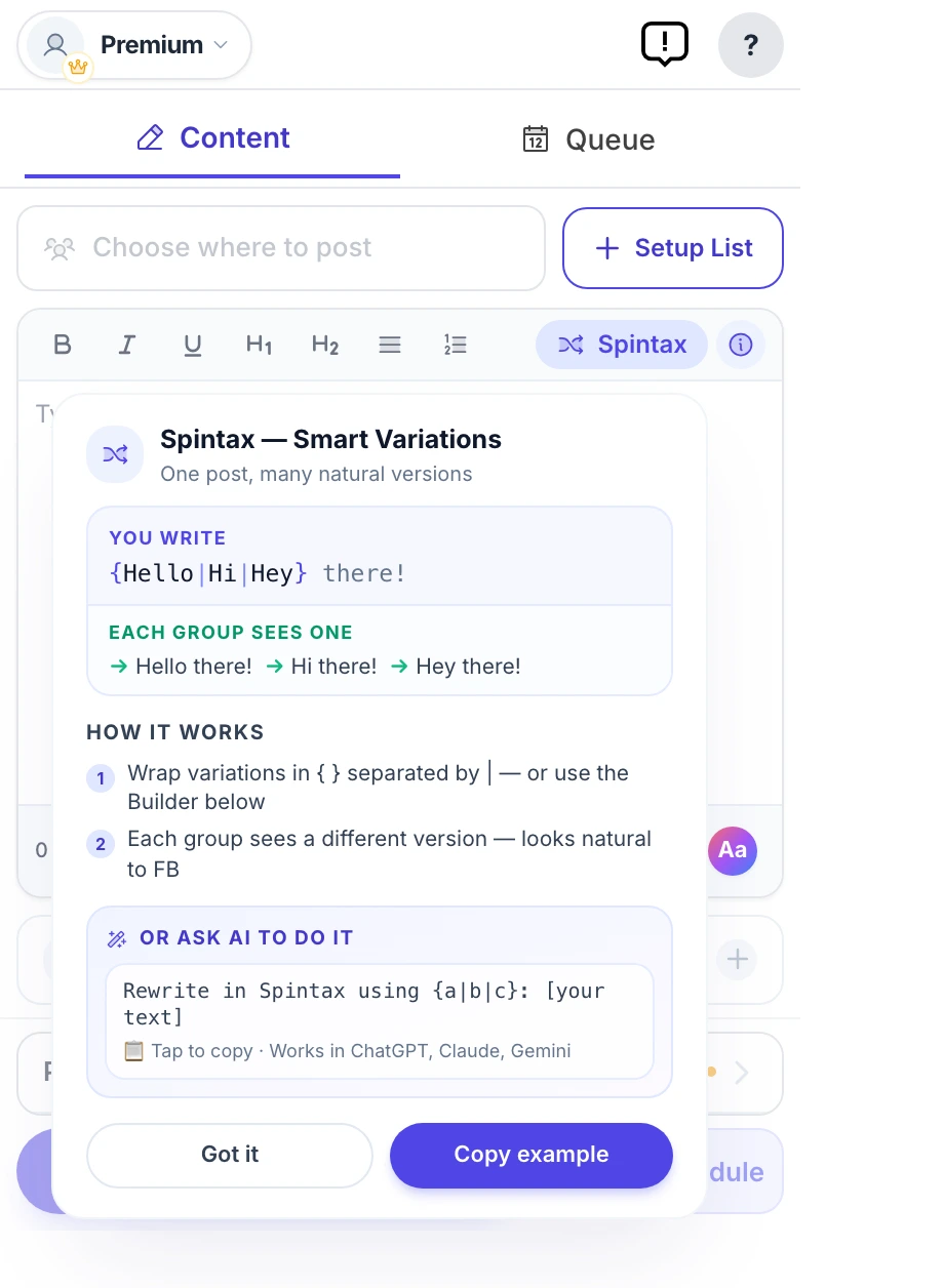 MultiGroupPoster Spintax variation builder generating a unique version of a Facebook post for each group, with a live preview — avoids duplicate-content spam flags