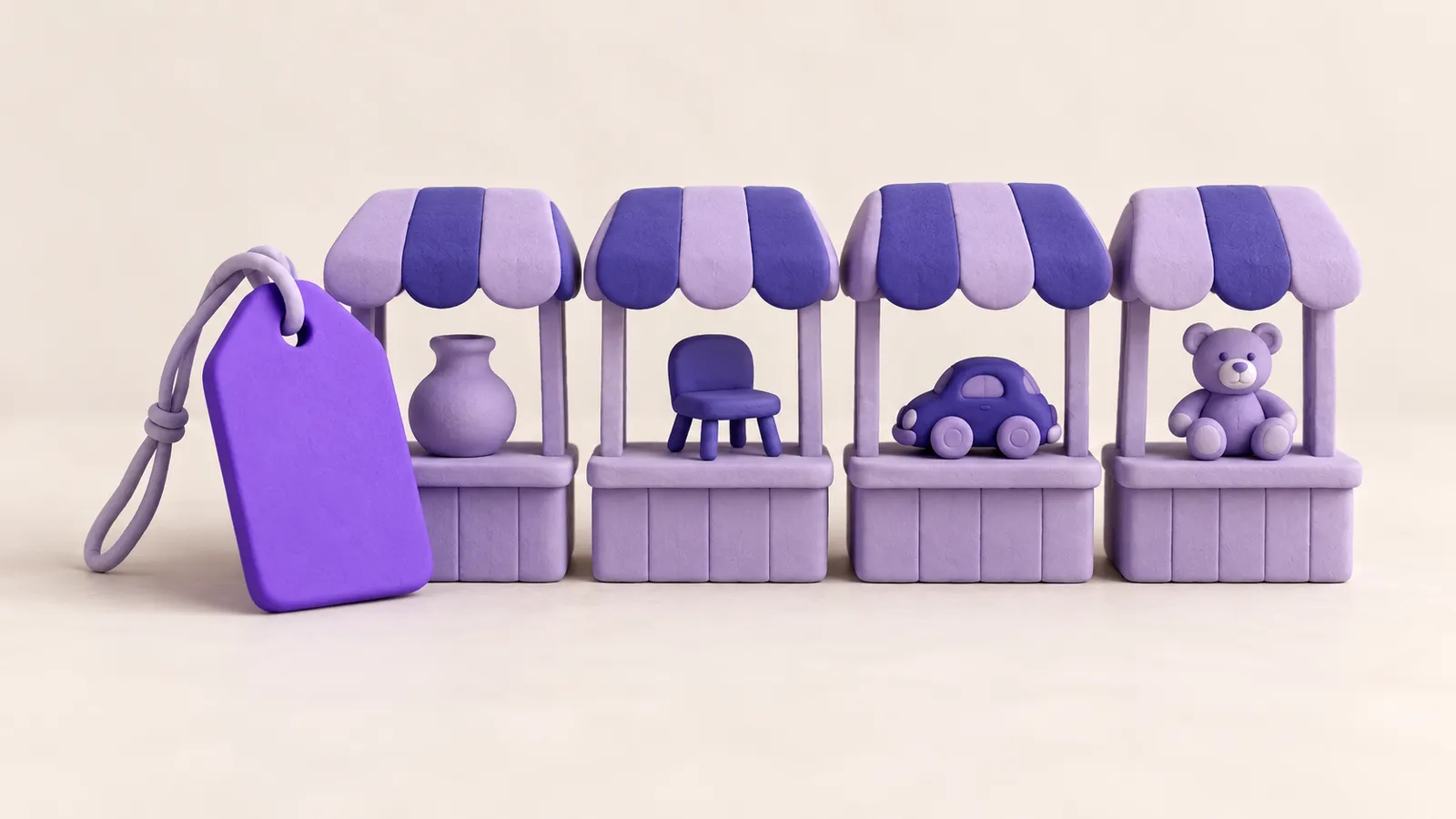 Clay still life: a violet price tag on a string beside four lavender market stalls holding a vase, a chair, a toy car and a teddy bear