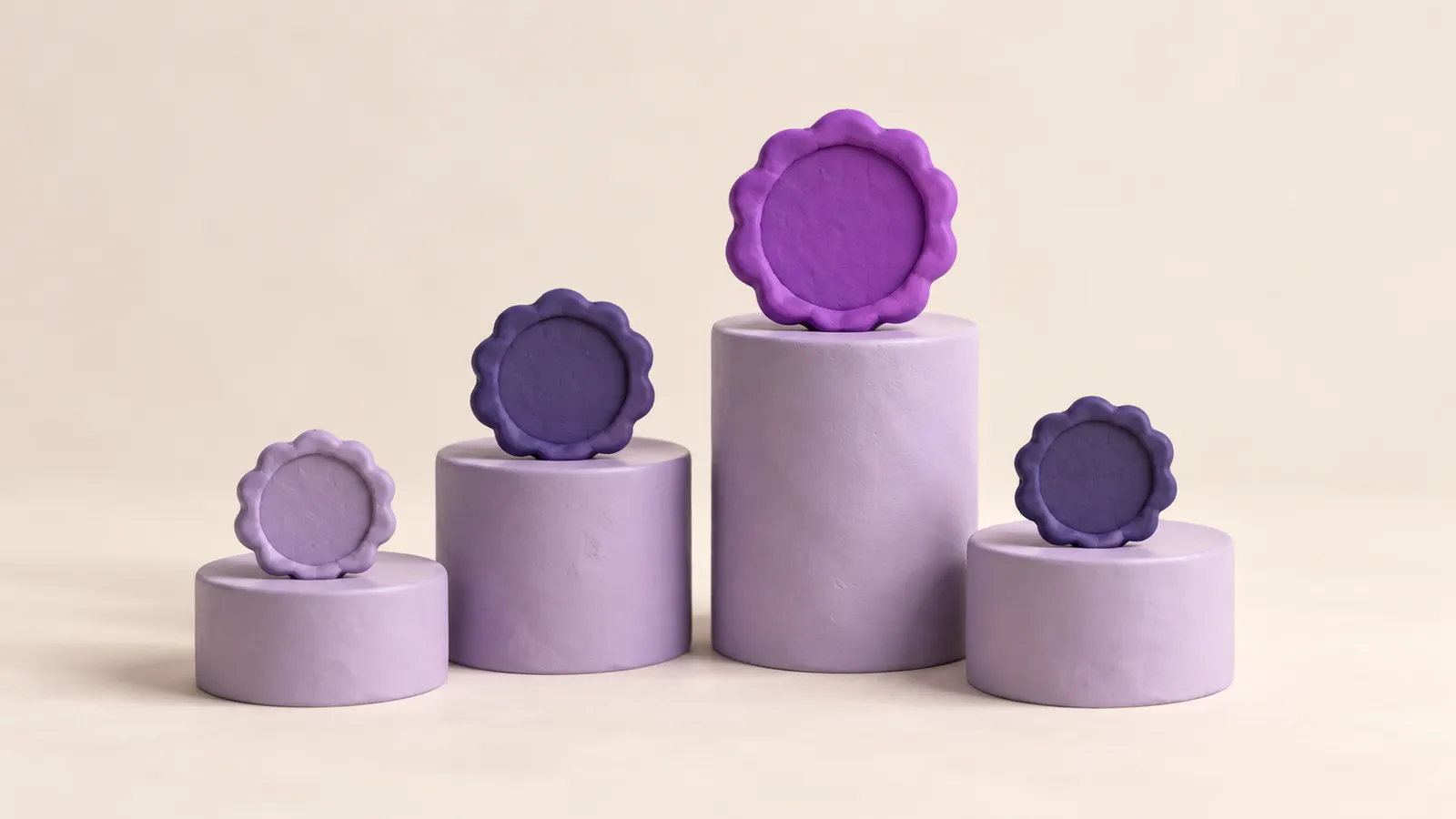 Clay still life: a large violet seal on the tallest of four lavender pedestals, with a matching smaller seal on each of the others, one brand shown in many places