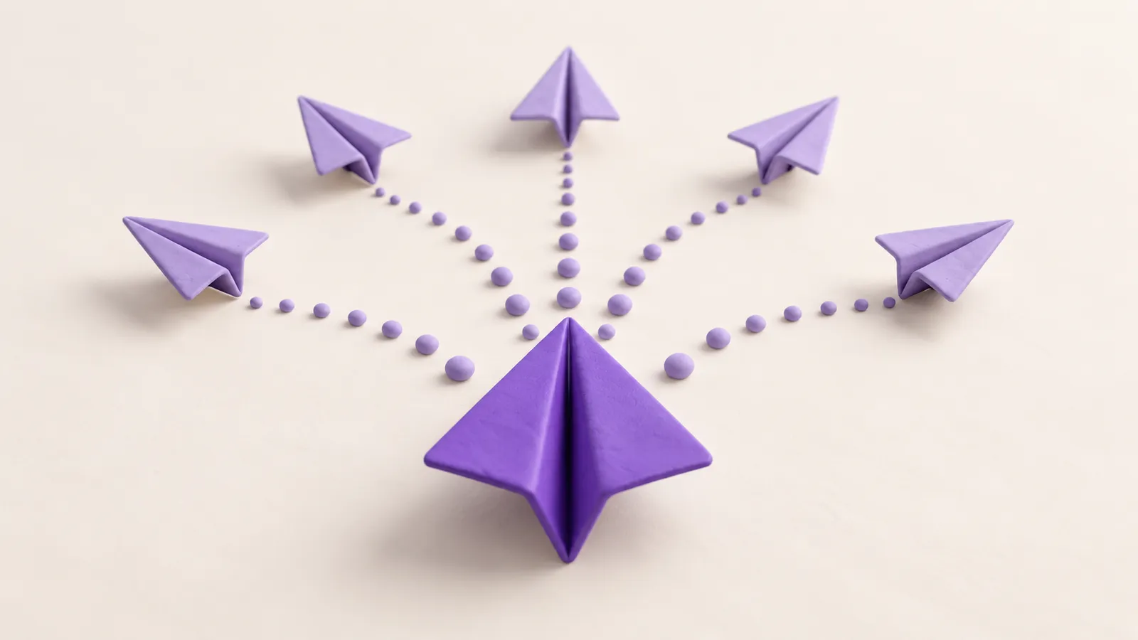 Clay still life: one violet paper plane with dotted trails fanning out to five smaller lavender paper planes, one post going to many groups