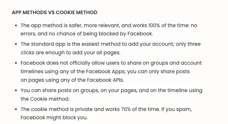 FS Poster documentation, app methods vs cookie method: groups only through the cookie method, which works 70% of the time and may get you blocked if you spam