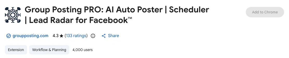 Group Posting PRO Chrome Web Store listing on 18 October 2026: groupposting.com, 4.3 stars from 133 ratings, 4,000 users